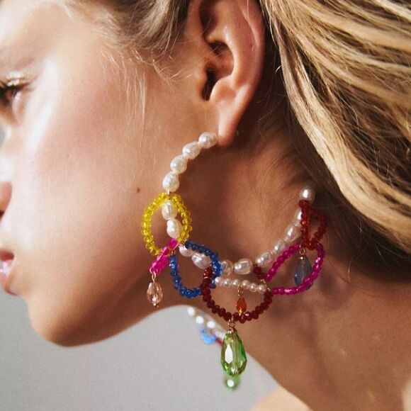 New! Zara Pearls & Gems Hoop Earrings - Picture 1 of 12